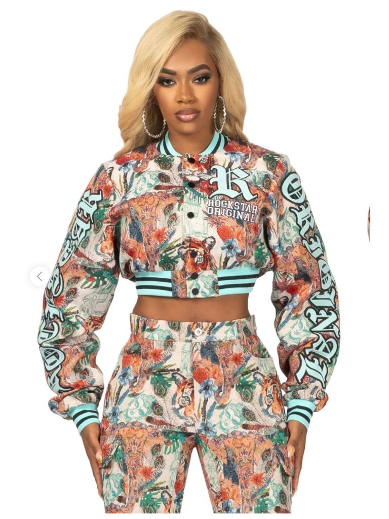 Nwt Rockstar Original Rena Beige Crop Tapestry Varsity Jacket Multicolor Xs